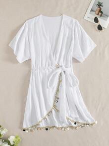 Váy đi biển nữ Swim Vcay bằng ren và vải voan mỏng, tay áo cánh dơi, viền ren trang trí hình vỏ sò. - trắng - Xem 4