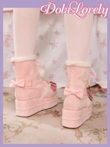 Dola Lovely Bottes courtes femme à semelle épaisse avec décoration en nœud et fourrure - Rose bonbon - Voir 7