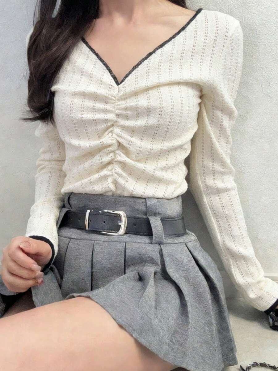 FRIFUL 女士休闲撞色滚边褶皱T恤，秋季长袖春季款 - 白色 - 查看 1