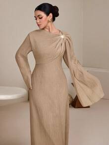 Graceveil Women's Plain Khaki Elegant A Line Maxi Dress Featuring Round Neck Long Sleeves And A Stylish Twist Detail - Khaki - View 6