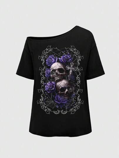 Goth تي شيرت أسود أساسي بأكتاف غير متماثلة بطراز فينتدج وحجم كبير، من الحرير الحليبي المزدوج المنسوج بنقشة الجمجمة والوردة والكرمة البنفسجية في طراز بانك وشارع