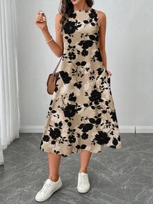 SHEIN LUNE 女士休闲复古杏色印花中长连衣裙，适合春夏穿着 - 彩色 - 查看 5