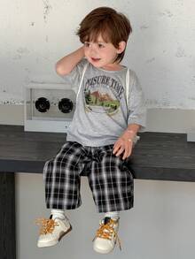 2pcs/Set Baby Boys' Round Neck Printed Casual T-Shirt And Plaid Casual Pants Set Summer - Grey - View 2