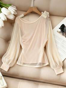 Selianne Chiffon Lightweight & Graceful 3D Rose Asymmetrical Shoulder Blouse - Apricot - View 2
