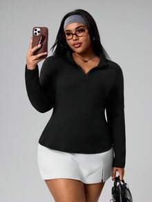 SHEIN Sports Plus Size Women's Casual Sports Solid Color Half-Zip Long Sleeve Sweatshirt - Black - View 3