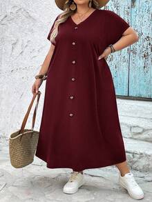 SHEIN CURVE+ 大码女装春夏时尚休闲宽松舒适日常短袖黑色V领口袋长裙，适合夏季穿着，也适合教堂穿着，展现复古富贵气质，适合教师穿着，适合机场穿着，适合曲线身材，也适合度假海滩穿着/沙滩裙/海滩度假装/海滩必备单品/毕业典礼/下午茶派对穿着 - 酒紅色 - 查看 6