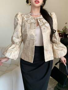 DAZY Áo khoác dáng suông tay loe in hoa thanh lịch dành cho nữ, thích hợp cho mùa xuân/hè, hoặc dự tiệc cưới. - Màu be - Xem 4