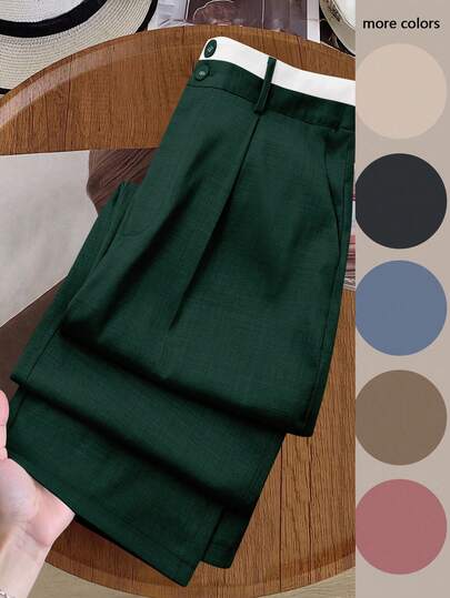 SHEIN PETITE Plus Size Women Contrast Waistband Straight Leg Pants