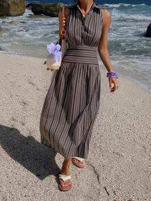 Livesso 女士夏季条纹中长连衣裙，翻领无袖收腰设计 - 咖啡 - 查看 5