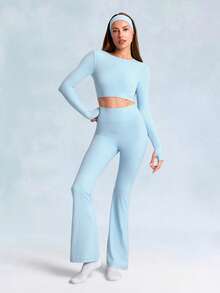 GLOWMODE 31" FeatherFit™ Flared Leggings Pants With Built-In Shorts Low Impact Yoga Pilates Daily Spring Summer - Blue Day - View 8