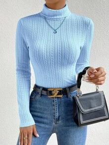 RosyDaze 女士纹理高领长袖修身休闲百搭T恤 - 淺藍色 - 查看 4