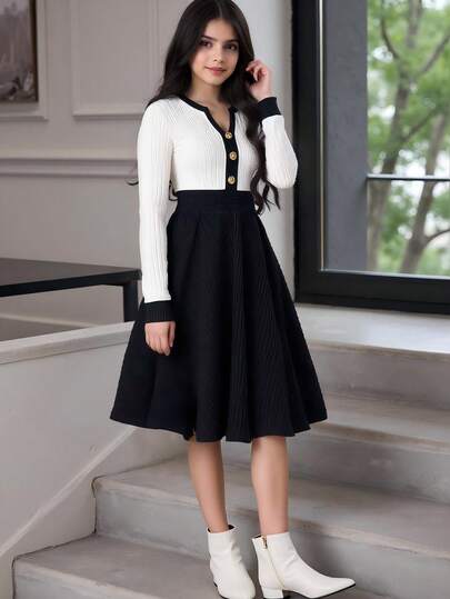SHEIN Teen Girl Elegant Jacquard V-Neck Metal Button Decor Long Sleeve Fitted Knit Dress, Casual Outdoor Party Dress, Autumn/Winter Casual Dresses Black And White Teen Dress