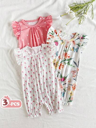 SHEIN Vintaside Kids Baby Girl 3-Piece Insect Print Romper Set, Includes Ruffled Cap Sleeve, Gathered Hem Shorts, Comfortable Casual Outfit For Summer