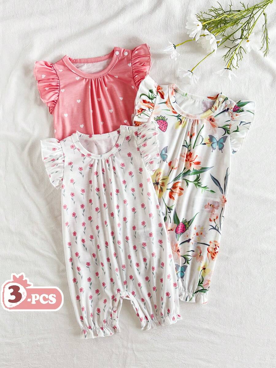 SHEIN Vintaside Kids Bộ áo liền quần 3 món in hình côn trùng cho bé gái, gồm áo tay ngắn bèo nhún và quần short gấu nhún, trang phục thoải mái thường ngày cho mùa hè. - Nhiều màu - Xem 1