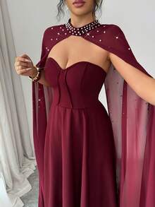 SHEIN Elenzya Pearl Decor Waist Cinched A-Line Elegant Romantic Sophisticated Women Party Dress, Lightweight Cocktail Gown - Burgundy - View 6
