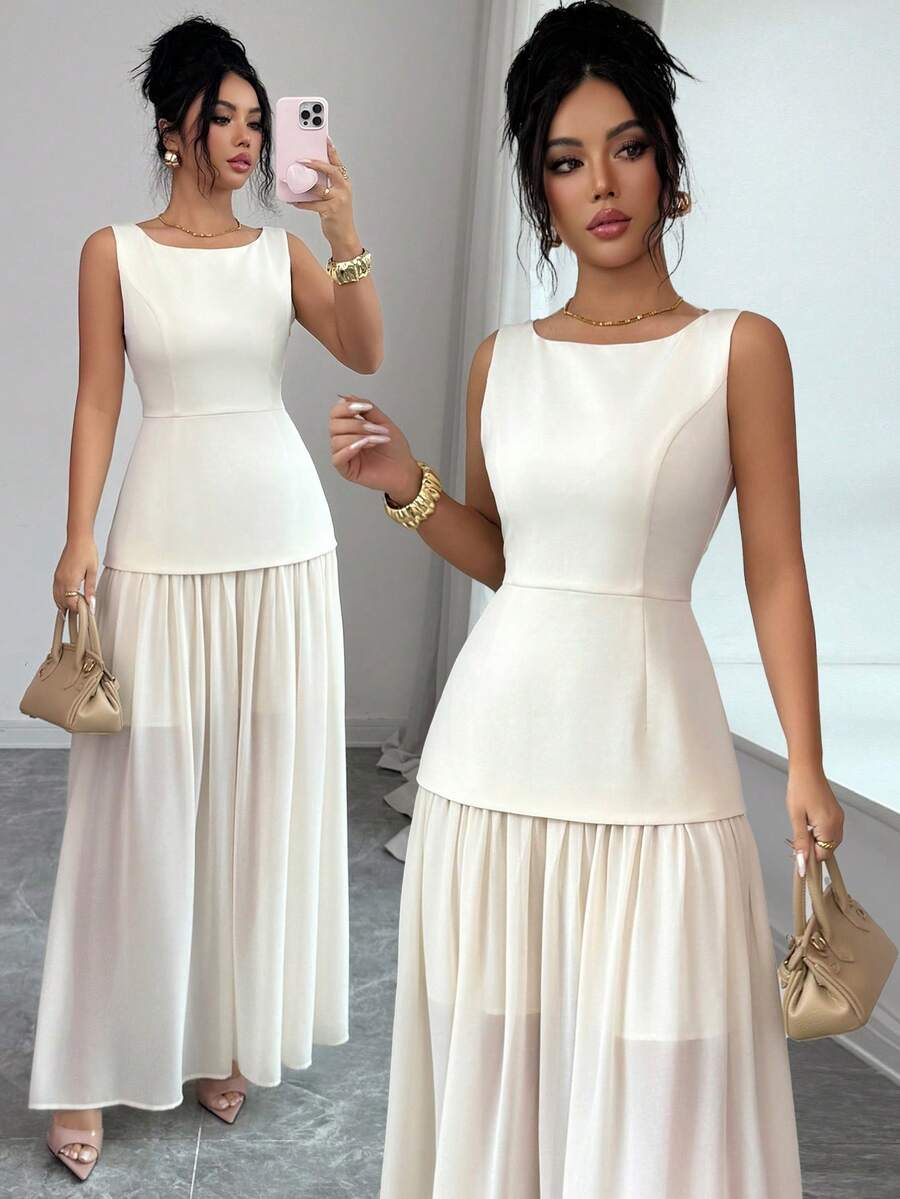 SHEIN Elenzya Women's Chiffon Patchwork Dress With Lining, V-Neck, Waist Cinched A-Line Skirt, Elegant French Romantic Vintage Style, Suitable For Commute, Business, Beach, Casual, Simple Versatile, Wedding, Valentine's Day, Spring/Summer - Apricot - View 1