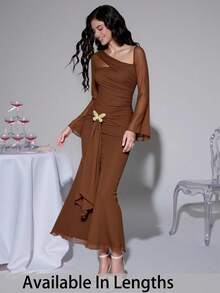 SHEIN PETITE CURVE 大码女式纯色不对称领口喇叭袖扭结前襟修身优雅连衣裙 - 棕色 - 查看 5