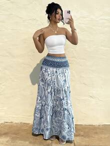 Gloray White And Blue Floral Summer Boho Vacation Holiday 2-Piece Set, Shirred Bandeau And Bohemian Cashew Flower Print A-Line Drawstring Waist Skirt - Multicolor - View 3