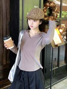 DAZY Camiseta de manga larga con capucha de estilo coreano casual y holgada para mujer - Gris - Ver 4