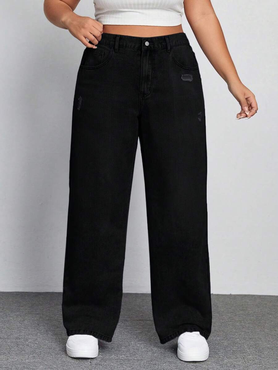 SHEIN ICON 大码女式休闲纯色直筒牛仔裤 - 黑色 - 查看 1