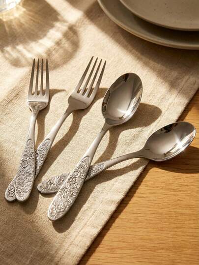 Cirelle 1PC Simple Relief Pattern Dessert Spoon, Fork, And Table Spoon - Creative Kitchen Tools Including Forks, Teaspoons, And Spoons, Perfect For Daily Dining.