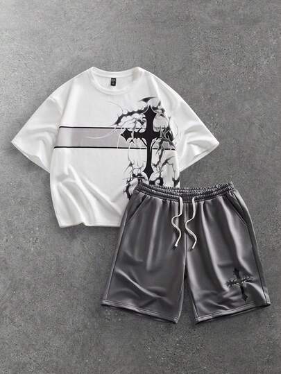Street Life Herren Set aus Grafik T-Shirt mit Dornenkranz-Motiv und Shorts mit Kordelzug Taille