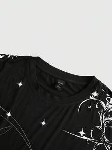 ROMWE MEN Goth Áo thun nam tay ngắn kiểu cánh dơi in họa tiết, thích hợp mặc hàng ngày vào mùa xuân/hè. - màu đen - Xem 3