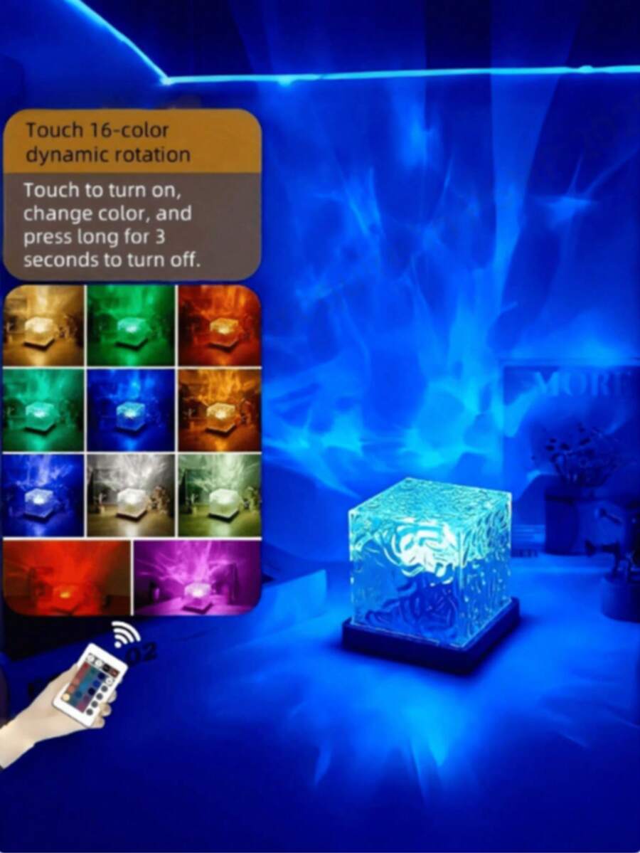 1 Piece 16-Color Ocean Wave Projector Light - Gradual Rotating Flame Water Lamp With Remote Control, Wave Night Light Suitable For Office, Bedside Bedroom, Bar And Restaurant - Square Corrugated Lamp - View 1