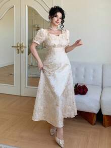 DAZY Đầm nữ thanh lịch tay phồng họa tiết hoa, đầm dự tiệc cưới mùa hè. - Màu be - Xem 12