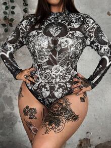 Whyspr Áo liền thân cỡ lớn cổ tròn tay dài chất liệu lưới in họa tiết, phong cách retro punk goth thanh lịch, phù hợp cho Halloween và kỳ nghỉ. - Đen và trắng - Xem 3