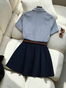 Franclia 夏季休闲条纹衬衫和百褶裙两件套 - 杏色 - 查看 2