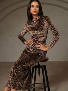 Chiquease Elegant European Style Round Neck Ruffle Shoulder Pad Waist Pleated Design Bodycon Long Sleeve Velvet Leopard Print Dress - Coffee - View 6