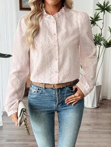 SHEIN LUNE Women's Hollow Embroidery Puff Sleeve Single-Breasted Casual Shirt - Pink - View 5