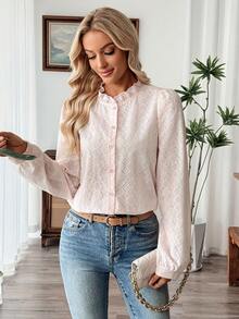 SHEIN LUNE Women's Hollow Embroidery Puff Sleeve Single-Breasted Casual Shirt - Pink - View 6