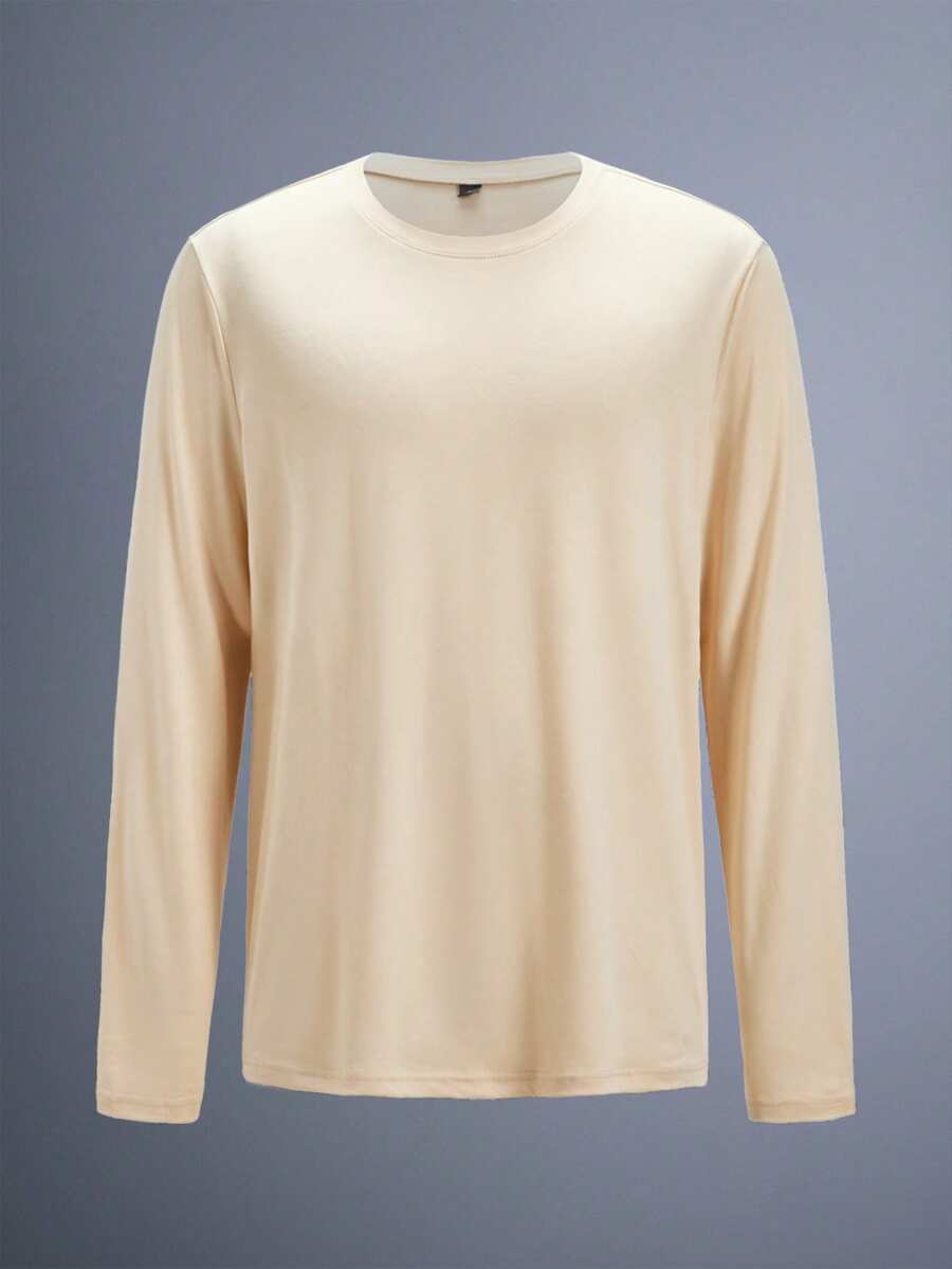 Driftmere 男士宽松纯色休闲百搭长袖T恤，春夏皆宜，舒适柔软，运动休闲风，尽显运动时尚 - 杏色 - 查看 1