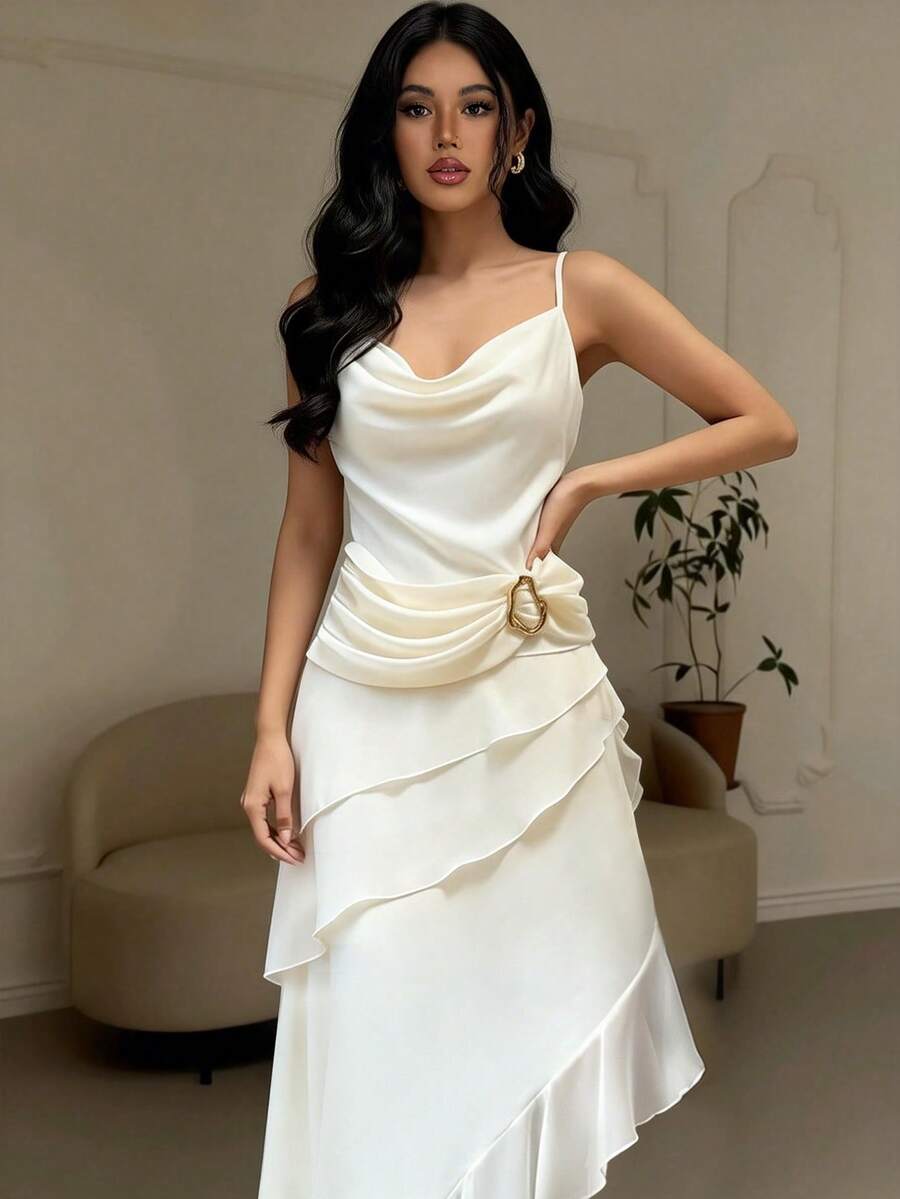 SHEIN Elenzya 女士无袖金属扣装饰褶皱不对称下摆层叠设计长款优雅浪漫通勤可爱派对连衣裙，适合外出、度假、约会、聚会、春夏穿着。 - 杏色 - 查看 1