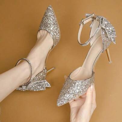 Zapatos de tacón alto para mujer con pedrería de cristal y lazo plateado. Sandalias elegantes de tacón fino estilo francés para damas de honor.