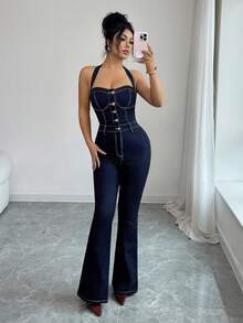 Elenzga 性感露背弹力修身牛仔连体裤，吊带抹胸上衣搭配喇叭裤