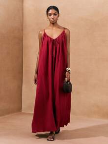 Zivah 2026春夏新品，适合情人节、婚礼季、音乐节、复活节、西部风、游牧风、波西米亚风、纳什维尔风格等场合。完美适用于派对、婚礼、晚宴、约会、聚会、生日、校园、日常穿着、休闲、度假、邮轮旅行。可调节细肩带，正面V领系带设计，砖红色竖条纹纹理，宽松A字连衣裙。 - 紅木色 - 查看 5