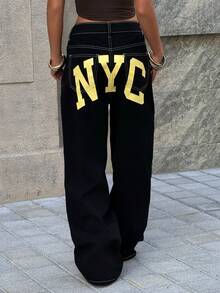 Muchica Denim Casuais Femininos de Perna Larga e Solta com Estampa de Letra - Preto - Visão 1