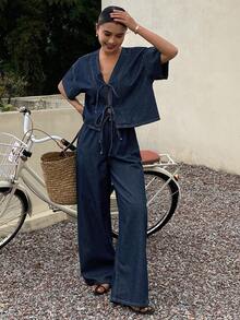 Livesso Women's Summer Short Sleeve Tie Front Top And Loose Fit Denim Pants Set - Blue - View 5