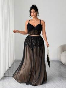 Elenzga Plus Size Women's Positioning Printed Black Mesh Skirt, & Elegant For Autumn/Winter,Wedding,Graduation,Holidays,Valentine's Day,Parties,Outings - Black - View 4