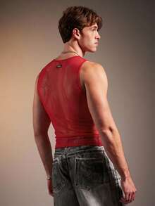 FeverCity Sexy Mesh Sheer, Ruched Design, Slim Fit Men's Tank Top - Red - View 2