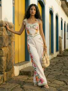 CAJUNI 女士休闲度假热带花卉印花杏黄绿色吊带蝴蝶结无袖露肩连体裤，浪漫自然风，适合约会、派对、音乐节、户外活动 - 彩色 - 查看 4