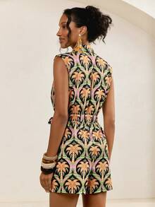 Tropical Plant Print Wrap Sleeveless Jumpsuit, Summer - Multicolor - View 2