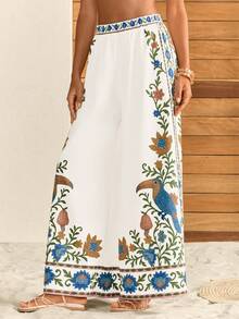CAJUNI Damen Hose Elfenbein Multi Sommer Gewebe Relaxed Fit, Hoher Bund, künstlerischer Jacquard-Stil tropischer Vogel- und Blumenrandaufdruck, weite lange Hose, Boho Resort Stil für Urlaub, Strandtag und Feiertage, Frühlingsferien, Valentinstag, Strand für Frauen, Urlaub Frauen, trägerlos Sommer, Sommerurlaub, Frühling, Valentinstag, Karnevalskostüm, Fasching Frauenkostüm, Strand, Urlaub Frauen, Lässig Frauen, Party - Beige - Übersicht 8