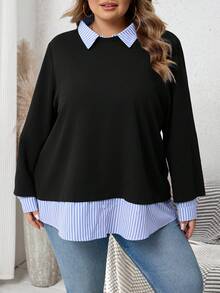 SHEIN CURVE+ Plus Size Women Striped Lapel Long Sleeve Casual Patchwork Sweatshirt Winter Fall Autumn Curve Plus Tops - Baby Blue - View 8