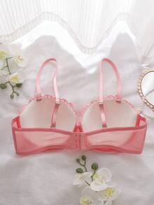 DelicateAllure Pink Knitted Fabric Floral Embroidered Push Up Plus Size Bra - Pink - View 6