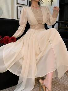 DAZY 春夏亮面拼接优雅长裙，适合情人节、婚礼、派对、正式场合，修身剪裁，通勤休闲长款连衣裙 - 杏色 - 查看 8