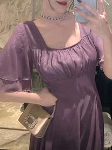 Women's Solid Color Pleated Square Collar Ruffle Sleeve Elegant Party Dress Sundress - Purple - View 1